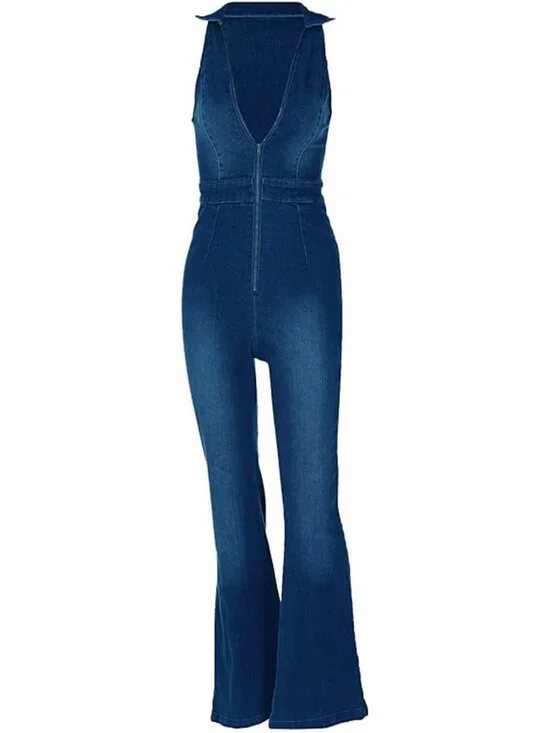 Denim Jumpsuit for Women Sexy Slim Fit Zipper Sleeveless V-Neck High Waist Fashi - Picture 6 of 6
